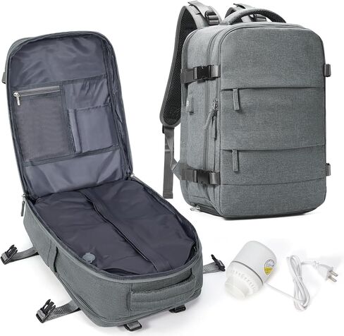Vacuum Travel Backpack with Pump, Flight Approved Vacpack Backpacks for Women Men, Storage Vacuum Compression Bags with Shoe Compartment/15.6inch Laptop Compartment/USB Port, Grey, Medium in Saudi Arabia