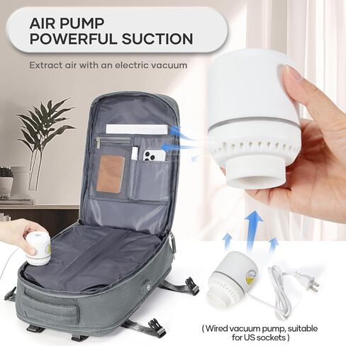Vacuum Travel Backpack with Pump, Flight Approved Vacpack Backpacks for Women Men, Storage Vacuum Compression Bags with Shoe Compartment/15.6inch Laptop Compartment/USB Port, Grey, Medium in Saudi Arabia