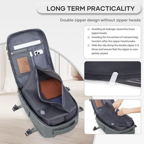 Vacuum Travel Backpack with Pump, Flight Approved Vacpack Backpacks for Women Men, Storage Vacuum Compression Bags with Shoe Compartment/15.6inch Laptop Compartment/USB Port, Grey, Medium in Saudi Arabia