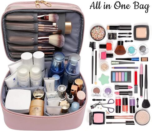Makeup Bag,Leather Double Layer Large Makeups Organizer Bag,Travel Accessories Dorm Room Essentials Toiletry Bag for Women,Travel Essentials Cosmetic Bag Makeup Case,Mothers Day Gifts Graduation Gifts in Saudi Arabia