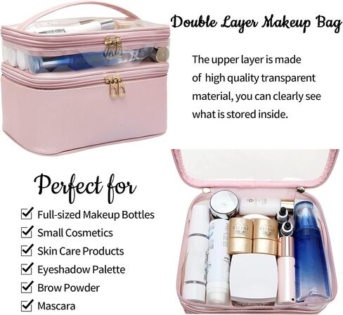 Makeup Bag,Leather Double Layer Large Makeups Organizer Bag,Travel Accessories Dorm Room Essentials Toiletry Bag for Women,Travel Essentials Cosmetic Bag Makeup Case,Mothers Day Gifts Graduation Gifts in Saudi Arabia