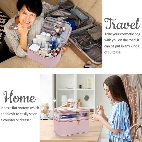 Makeup Bag,Leather Double Layer Large Makeups Organizer Bag,Travel Accessories Dorm Room Essentials Toiletry Bag for Women,Travel Essentials Cosmetic Bag Makeup Case,Mothers Day Gifts Graduation Gifts in Saudi Arabia