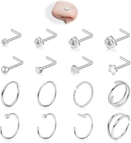 16PCS Nose Ring Studs 20G Nose Ring Hoop, L Shaped 14K Gold Plated 316L Surgical Steel Hypoallergenic Studs Set Clicker Hinged Ball CZ Piercing Jewelry for Women Men in Saudi Arabia