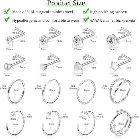 16PCS Nose Ring Studs 20G Nose Ring Hoop, L Shaped 14K Gold Plated 316L Surgical Steel Hypoallergenic Studs Set Clicker Hinged Ball CZ Piercing Jewelry for Women Men in Saudi Arabia