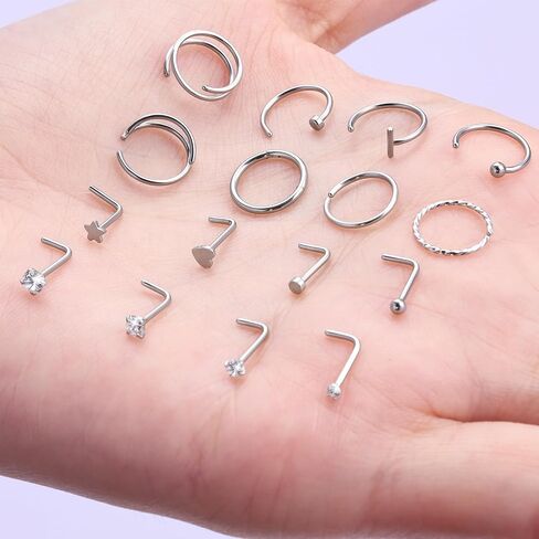 16PCS Nose Ring Studs 20G Nose Ring Hoop, L Shaped 14K Gold Plated 316L Surgical Steel Hypoallergenic Studs Set Clicker Hinged Ball CZ Piercing Jewelry for Women Men in Saudi Arabia