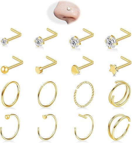 16pcs أنف رنين الأزرار 20g طرقة الأنف ، L على شكل 14 ألف الذهب مطلي 316L Surgical Steel Studs Hypoallergenic مجموعة الفرس مفصل الكرة تشيكتيل فردج المجوهرات للنساء الرجال in Kuwait