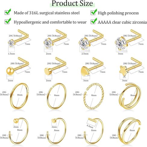16pcs أنف رنين الأزرار 20g طرقة الأنف ، L على شكل 14 ألف الذهب مطلي 316L Surgical Steel Studs Hypoallergenic مجموعة الفرس مفصل الكرة تشيكتيل فردج المجوهرات للنساء الرجال in Kuwait