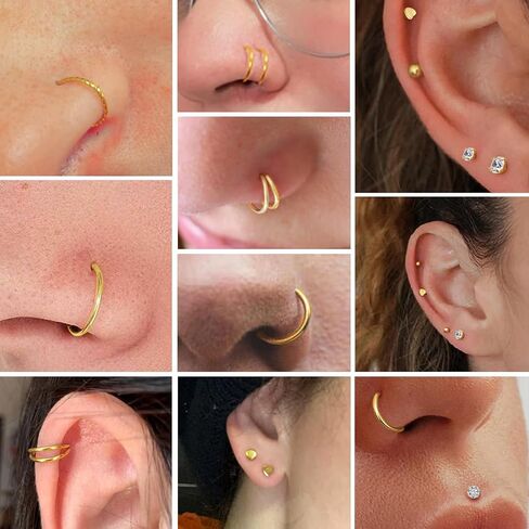 16pcs أنف رنين الأزرار 20g طرقة الأنف ، L على شكل 14 ألف الذهب مطلي 316L Surgical Steel Studs Hypoallergenic مجموعة الفرس مفصل الكرة تشيكتيل فردج المجوهرات للنساء الرجال in Kuwait