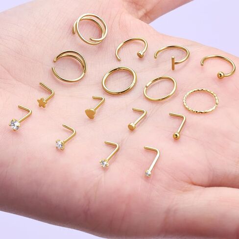 16pcs أنف رنين الأزرار 20g طرقة الأنف ، L على شكل 14 ألف الذهب مطلي 316L Surgical Steel Studs Hypoallergenic مجموعة الفرس مفصل الكرة تشيكتيل فردج المجوهرات للنساء الرجال in Kuwait