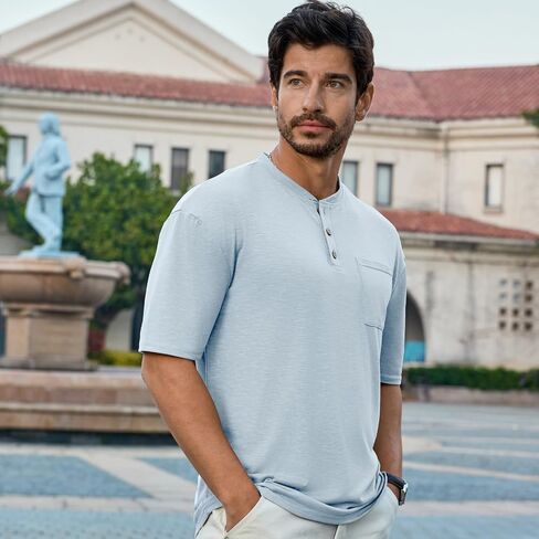 Opomelo Men's Henley Shirt Short Sleeve Athletic Stretch Henley Tee Basic Summer Button T-Shirts with Pocket in Kuwait