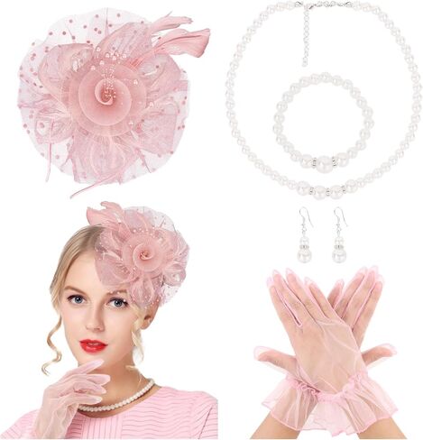 Cavetee 4 PCS fascinator for Women و Champagnetea Party Fascinators و Lace Glove مجموعة من أجل النساء في عشرينيات القرن العشرين in Saudi Arabia
