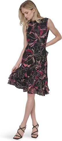 DKNY Women's Sleeveless Jewel Neck Ruffle Hem Knee Length Midi Dress in Saudi Arabia