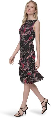 DKNY Women's Sleeveless Jewel Neck Ruffle Hem Knee Length Midi Dress in Saudi Arabia