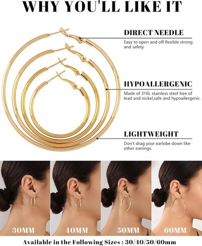 Gold Hoop Earrings for Women Hypoallergenic Stainless Steel Large Thin Gold Hoop Earrings Lightweight Big Hoops Aretes de Acero Inoxidable para Mujer 30/40/50/60MM in Saudi Arabia