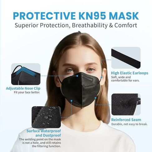 قناع الوجه akgk KN95 50 قطعة، أقنعة حماية قابلة للتنفس، مغلفة بشكل فردي، أقنعة سوداء KN95 مكونة من 5 طبقات، أقنعة أمان للغبار in Kuwait