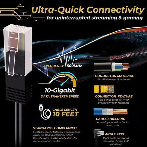 TNP Cat6 Ethernet Cable (Right Angle Up, 3 FT) RJ45 90 Degree Network Connector 500 MHz 10 Gigabit Gold Plated Patch Plug Wire LAN Cord for PS4 Fire-Stick Xbox One Smart TV Gaming & Computer in Kuwait