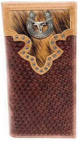 فراء البقر الغربي من الفرو الأصلي سلة سلة bifold محفظة في Multi Remblem (القهوة Longhorn) in Kuwait