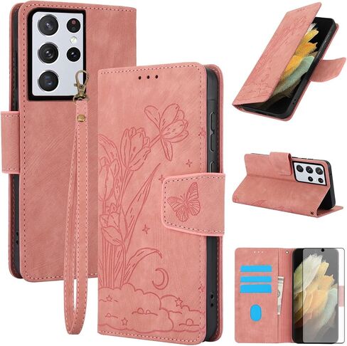 Asuwish Phone Case for Samsung Galaxy S21 Ultra 5G Wallet Cover with Tempered Glass Screen Protector Flip Wrist Strap Credit Card Holder Slot Stand Cell S21ultra 21S S 21 21ultra G5 Women Rose Gold in Saudi Arabia