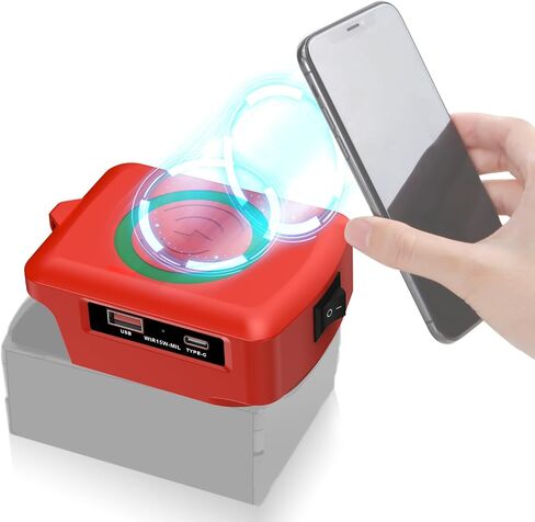 Wireless Charger Adapter,for Milwaukee 18V M18 Battery,15W Max Wireless Charging Adapter for iPhone for Cell Phone,with USB-A&USB-C 2.1A Fast Charge Ports,Wireless Chargers Using Tool Battery in Saudi Arabia