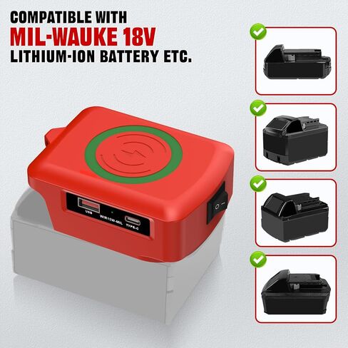 Wireless Charger Adapter,for Milwaukee 18V M18 Battery,15W Max Wireless Charging Adapter for iPhone for Cell Phone,with USB-A&USB-C 2.1A Fast Charge Ports,Wireless Chargers Using Tool Battery in Saudi Arabia
