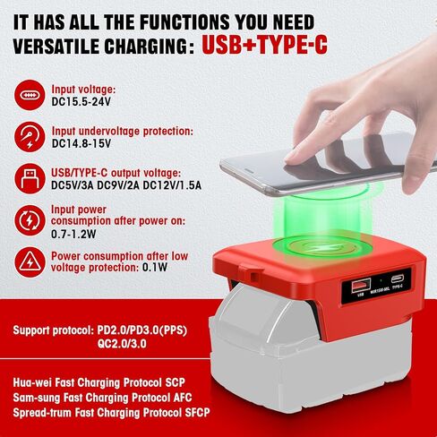 Wireless Charger Adapter,for Milwaukee 18V M18 Battery,15W Max Wireless Charging Adapter for iPhone for Cell Phone,with USB-A&USB-C 2.1A Fast Charge Ports,Wireless Chargers Using Tool Battery in Saudi Arabia
