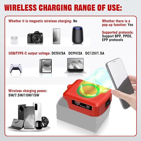 Wireless Charger Adapter,for Milwaukee 18V M18 Battery,15W Max Wireless Charging Adapter for iPhone for Cell Phone,with USB-A&USB-C 2.1A Fast Charge Ports,Wireless Chargers Using Tool Battery in Saudi Arabia