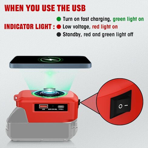 Wireless Charger Adapter,for Milwaukee 18V M18 Battery,15W Max Wireless Charging Adapter for iPhone for Cell Phone,with USB-A&USB-C 2.1A Fast Charge Ports,Wireless Chargers Using Tool Battery in Saudi Arabia