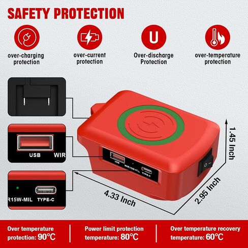 Wireless Charger Adapter,for Milwaukee 18V M18 Battery,15W Max Wireless Charging Adapter for iPhone for Cell Phone,with USB-A&USB-C 2.1A Fast Charge Ports,Wireless Chargers Using Tool Battery in Saudi Arabia