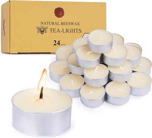 Natural Ivory White Beeswax Tealight Candles in Metal Aluminum Cup - Organic Small Candle Natural Scent Smokeless 4-5 Hours Burning - Pack of 12 in Saudi Arabia