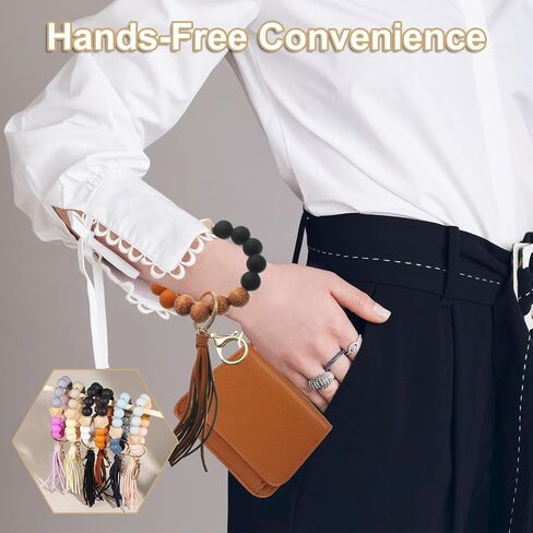 PATIKIL Silicone Wooden Bead Bracelet Keychain Wristlet Wallet, Zipper Coin Wallets with ID Window for Women in Kuwait