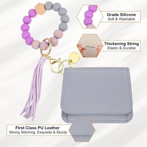 PATIKIL Silicone Wooden Bead Bracelet Keychain Wristlet Wallet, Zipper Coin Wallets with ID Window for Women in Kuwait