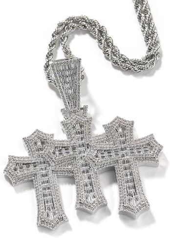 LuxeFlex Iced Out Baguette Diamond Cross Pendant, 14K Gold Plated Religious Three Stacked up Gothic Cross Necklace, Hip-Hop Jewelry for Men Women in Kuwait