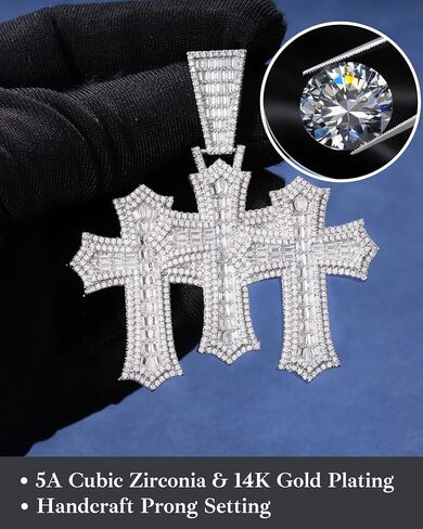 LuxeFlex Iced Out Baguette Diamond Cross Pendant, 14K Gold Plated Religious Three Stacked up Gothic Cross Necklace, Hip-Hop Jewelry for Men Women in Kuwait