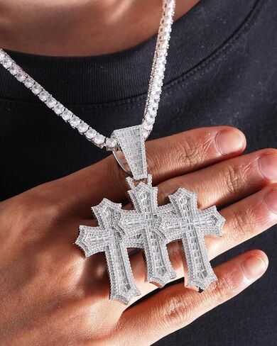 LuxeFlex Iced Out Baguette Diamond Cross Pendant, 14K Gold Plated Religious Three Stacked up Gothic Cross Necklace, Hip-Hop Jewelry for Men Women in Kuwait