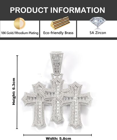 LuxeFlex Iced Out Baguette Diamond Cross Pendant, 14K Gold Plated Religious Three Stacked up Gothic Cross Necklace, Hip-Hop Jewelry for Men Women in Kuwait