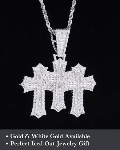 LuxeFlex Iced Out Baguette Diamond Cross Pendant, 14K Gold Plated Religious Three Stacked up Gothic Cross Necklace, Hip-Hop Jewelry for Men Women in Kuwait