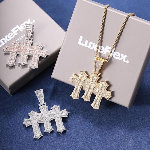 LuxeFlex Iced Out Baguette Diamond Cross Pendant, 14K Gold Plated Religious Three Stacked up Gothic Cross Necklace, Hip-Hop Jewelry for Men Women in Kuwait