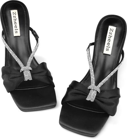 Zzheels Rhinestone Bow Heels Square Toe Slip On Mules Clear Chunky Heels Daily Dress Sandals in Kuwait