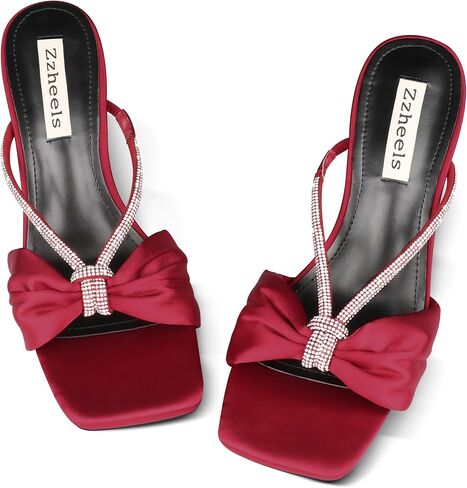Zzheels Rhinestone Bow Heels Square Toe Slip On Mules Clear Chunky Heels Daily Dress Sandals in Kuwait