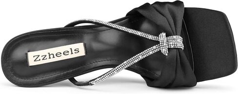 Zzheels Rhinestone Bow Heels Square Toe Slip On Mules Clear Chunky Heels Daily Dress Sandals in Kuwait