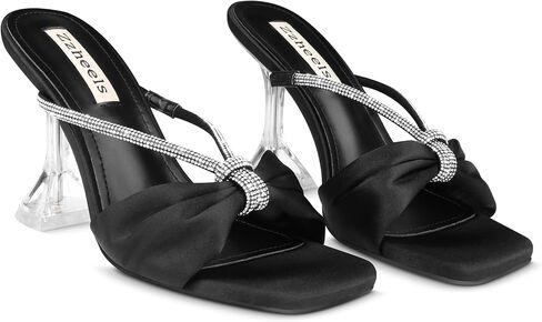 Zzheels Rhinestone Bow Heels Square Toe Slip On Mules Clear Chunky Heels Daily Dress Sandals in Kuwait