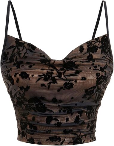 Milumia Women's Floral Mesh Cowl Neck Cami Top Spaghetti Straps Braged Tops in Saudi Arabia