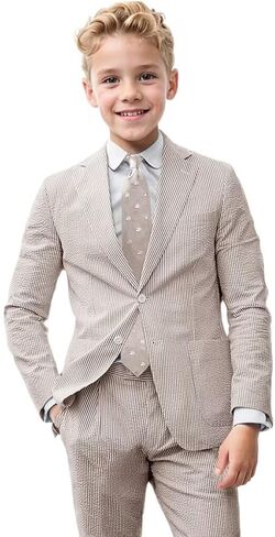 Boys Seersucker Suit 2 Piece Slim Fit Summer Beach Wedding Outfit Kids Blazer Jacket Dressing Pants Suits for Toddler Teenage in Saudi Arabia