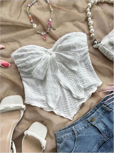 Gorglitter Women's Bow Bow Tube Top Top Asymetrical Scleveless Open Back Bandeau Tops Summer Cute Out Top in Saudi Arabia