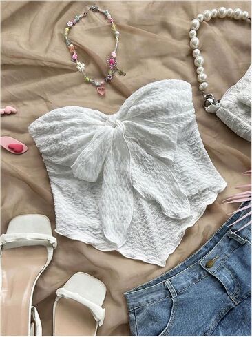 Gorglitter Women's Bow Bow Tube Top Top Asymetrical Scleveless Open Back Bandeau Tops Summer Cute Out Top in Saudi Arabia