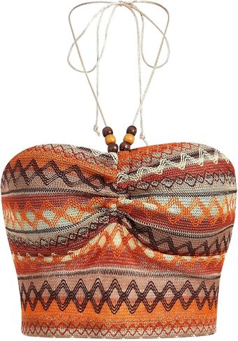 SHENHE Women's Ruched Beaded Halter Neck Backless Chevron Geo Print Boho Crop Top in Saudi Arabia