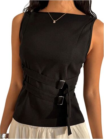 Makemechic Women's Boat Neck Device Tank Top Top Bulted Slim Fit Out Out Summer Shirt in Saudi Arabia