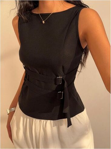 Makemechic Women's Boat Neck Device Tank Top Top Bulted Slim Fit Out Out Summer Shirt in Saudi Arabia