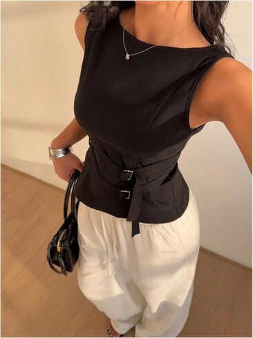 Makemechic Women's Boat Neck Device Tank Top Top Bulted Slim Fit Out Out Summer Shirt in Saudi Arabia