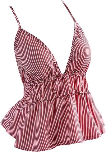 Soly Hux Women's Y2K مخطط Babydoll Camisole Deep V الرقبة Backless Peplum Cami Tops in Kuwait